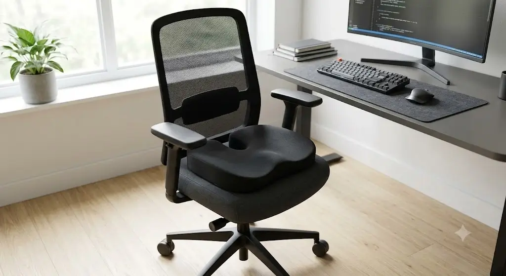Cushion Lab Pressure Relief Seat Cushion placed on an office desk chair