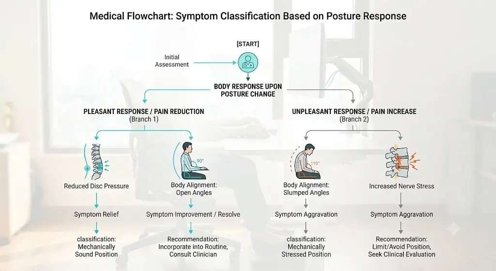 Personalized posture observation flowchart for sciatica desk seating assessment