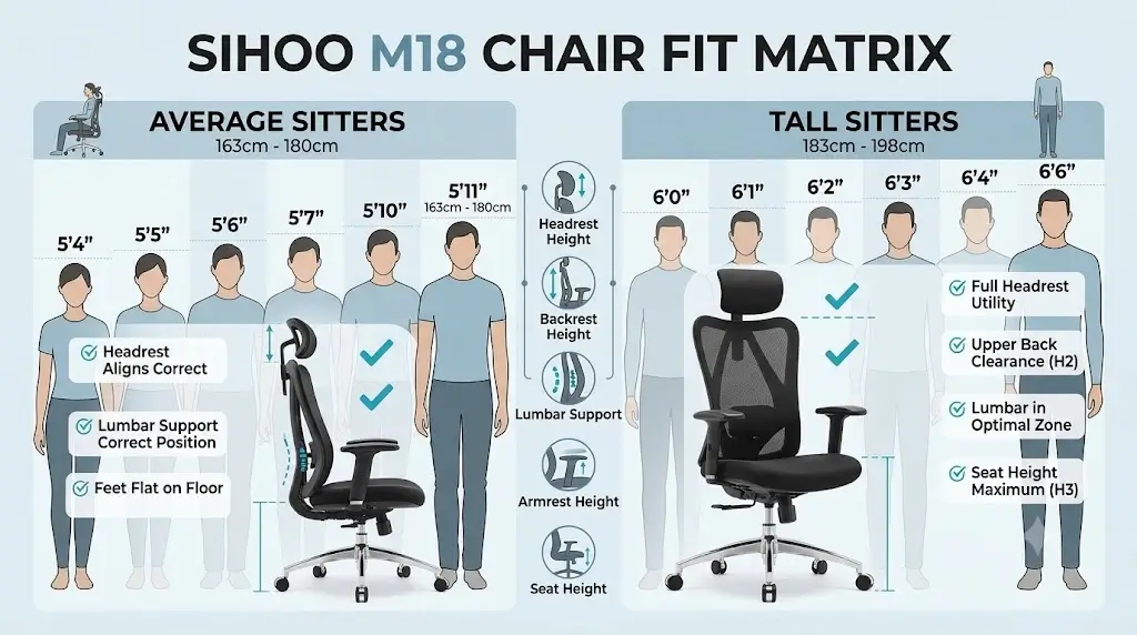 Sihoo M18 chair fit matrix showing compatibility for average and tall sitters