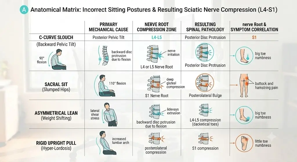 Symptom patterns and anatomical alignment matrix for sciatica nerve compression