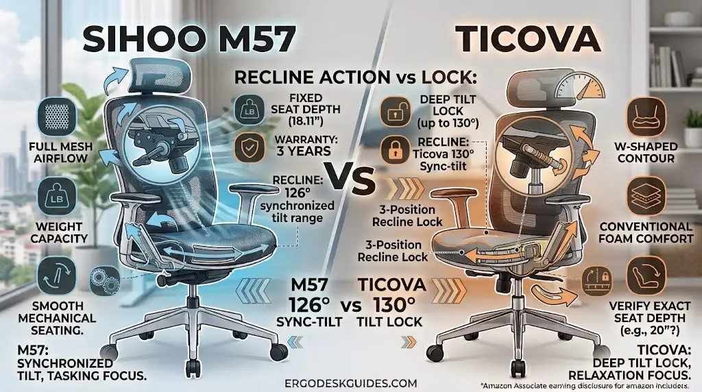 Sihoo M57 126 degree recline mechanism compared to Ticova 130 degree recline lock