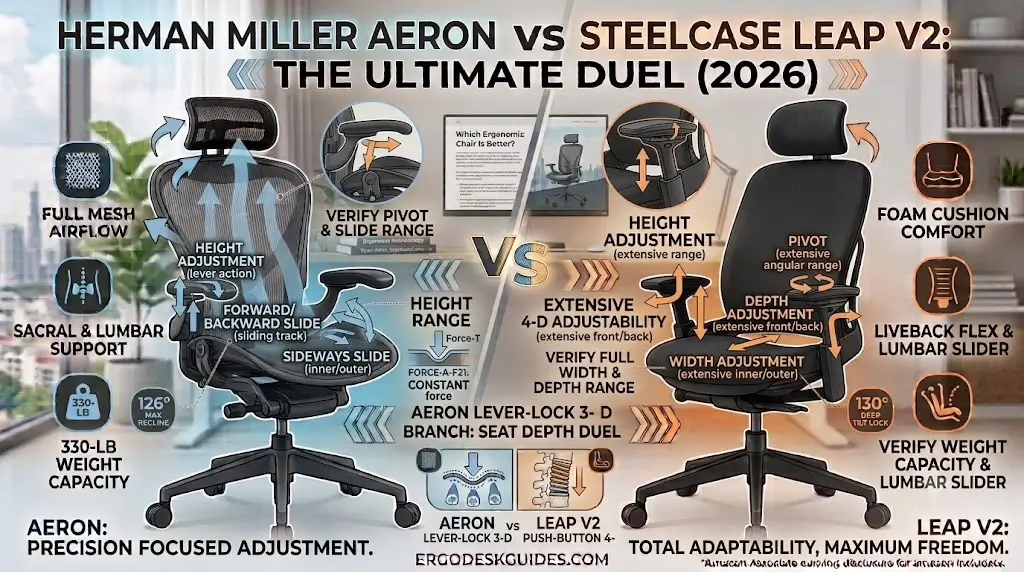 Herman Miller Aeron adjustable armrests compared to Steelcase Leap V2 4D highly adjustable armrests