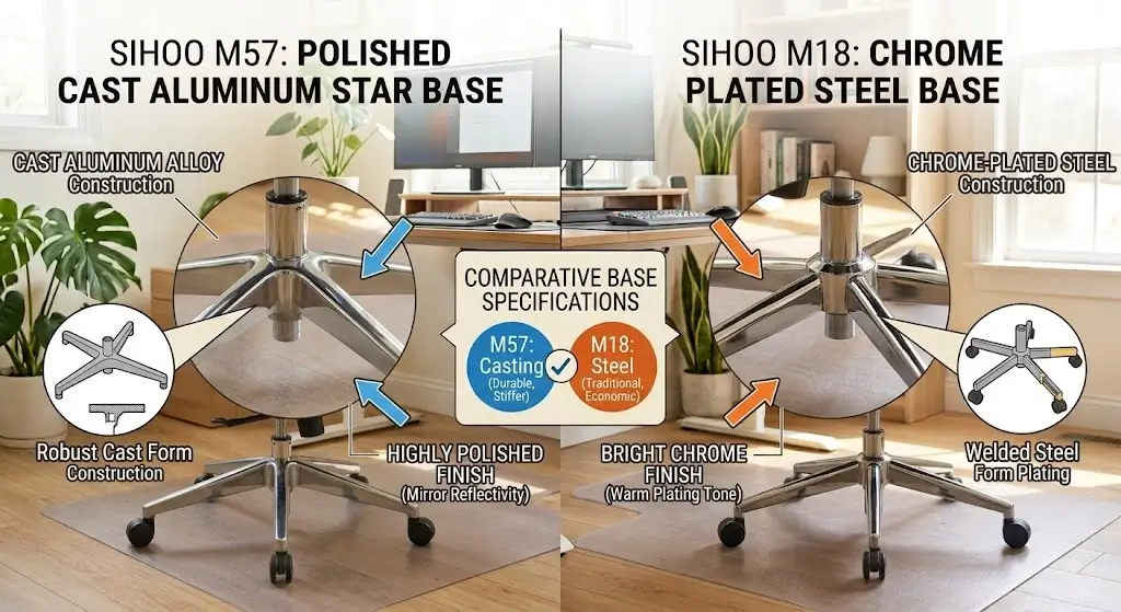 Sihoo M57 polished cast aluminum star base vs Sihoo M18 chrome steel base comparison