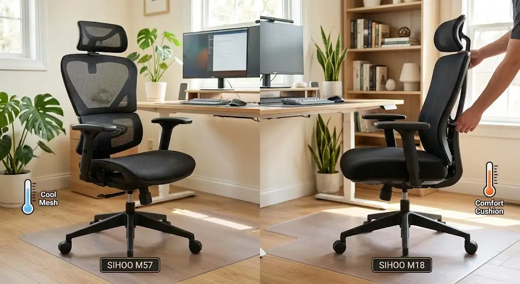 Sihoo M57 vs Sihoo M18 ergonomic office chairs side by side test in home office