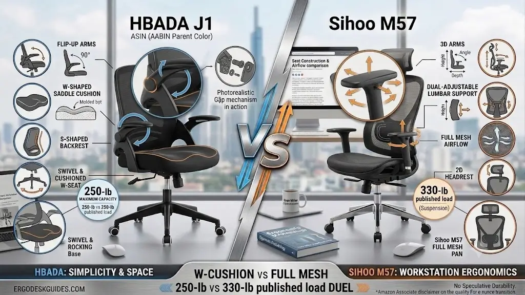 HBADA J1 90 degree flip-up armrests compared to Sihoo M57 3D multi-directional adjustable armrests