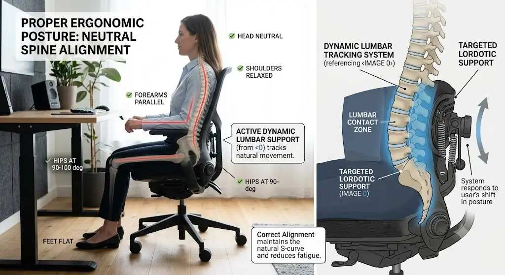 Proper ergonomic posture with dynamic lumbar support alignment