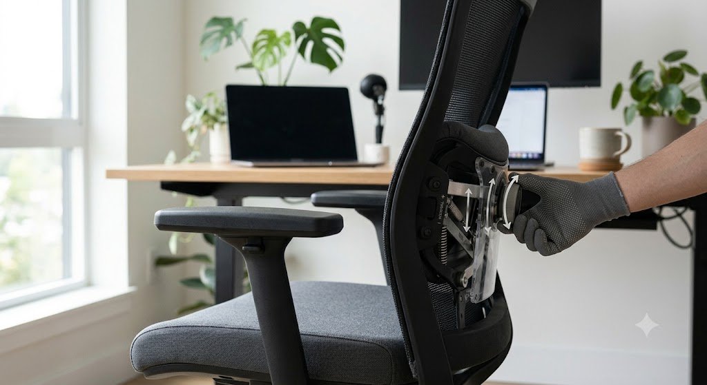 Dynamic lumbar support mechanism on an ergonomic office chair backrest