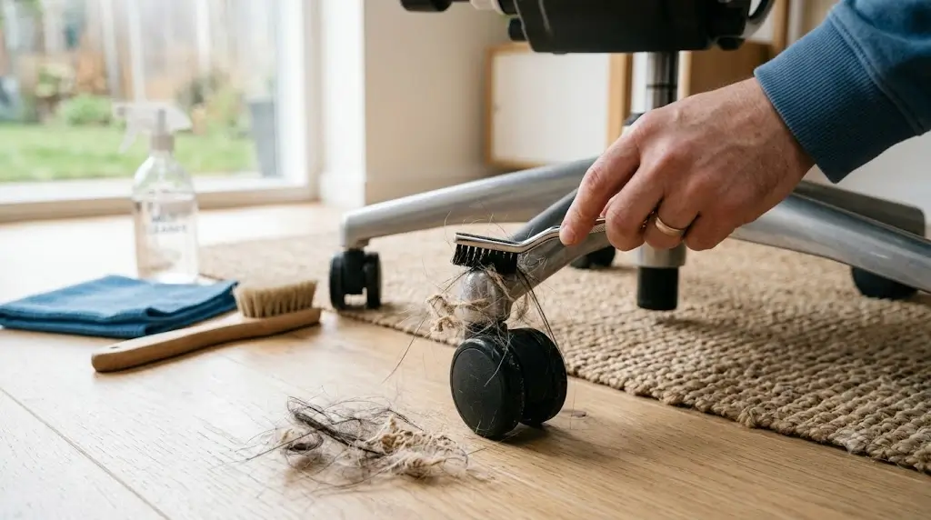 Using a brush tool to remove entangled carpet fibers and hair from office chair caster wheels