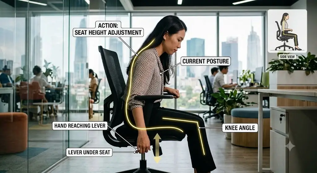 Person adjusting office chair seat height while seated