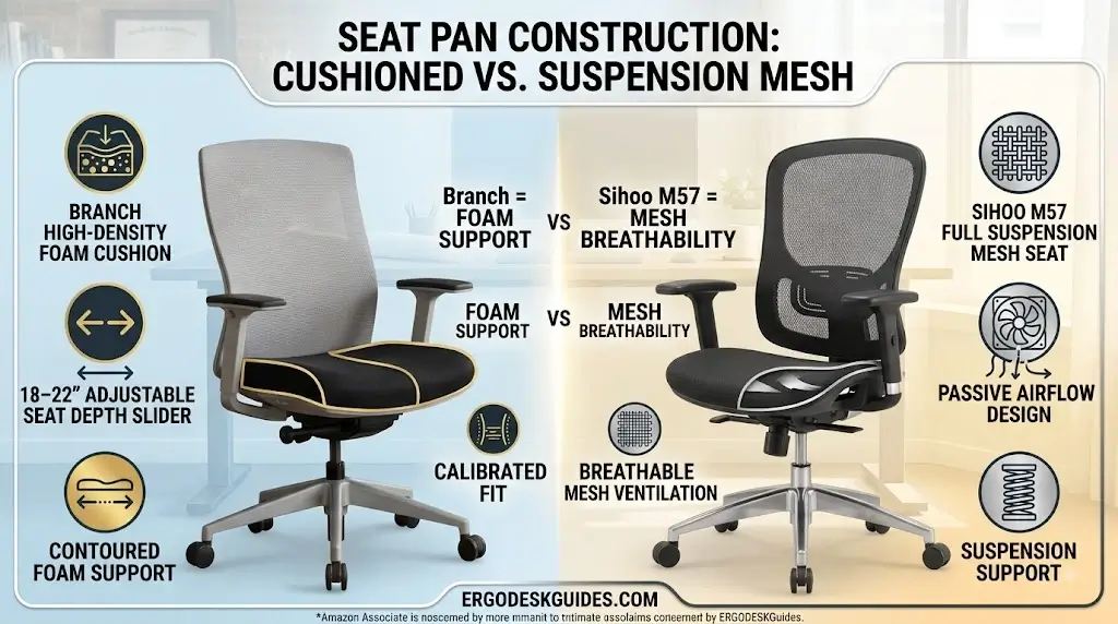 Branch high-density foam seat cushion compared to Sihoo M57 full suspension mesh seat