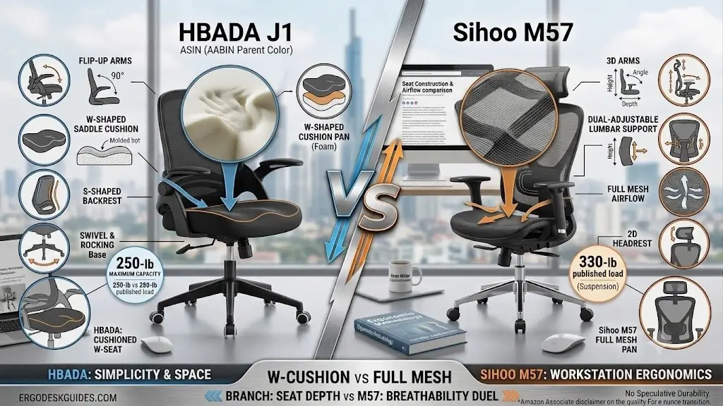 HBADA J1 W-shaped memory foam cushion compared to Sihoo M57 full suspension mesh seat