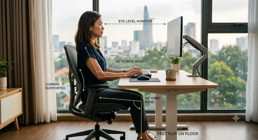 Proper ergonomic desk posture showing ideal chair height and alignment