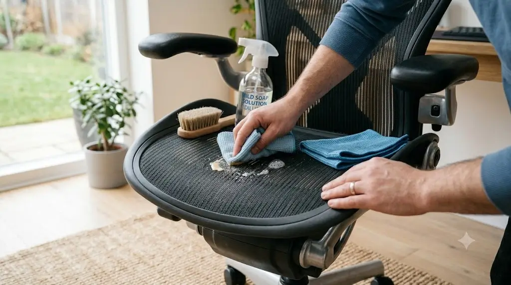 Spot cleaning stains on mesh chair fabric using a damp microfiber cloth and diluted mild soap