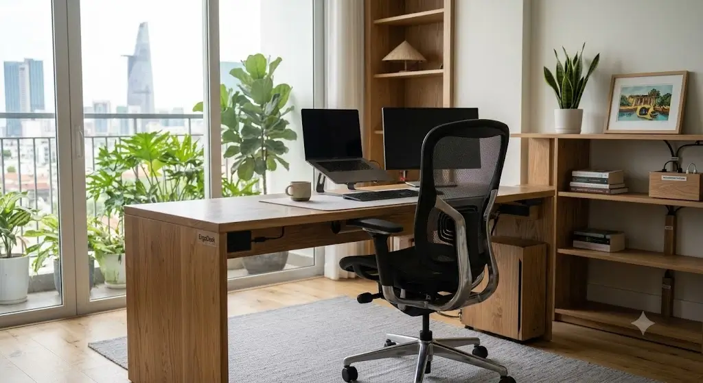 Ergonomic mesh office chair positioned at a modern wooden desk setup