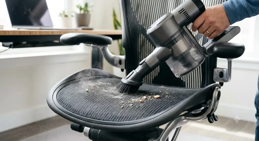 Vacuuming loose dust and crumbs from a mesh office chair seat with a soft brush attachment