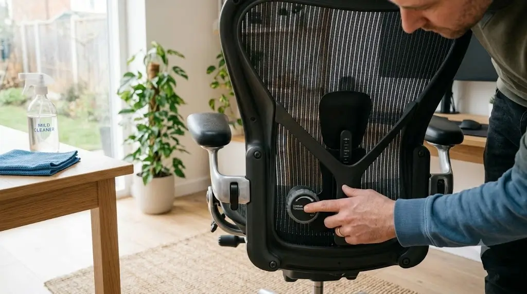 Inspecting and adjusting backrest tension knob and lumbar support on an ergonomic chair