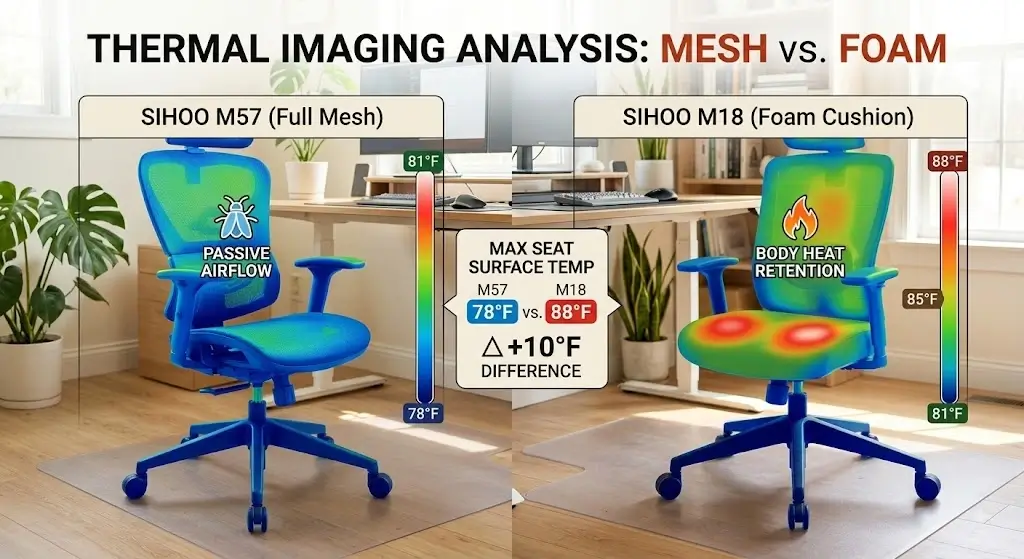 Thermal imaging comparison of Sihoo M57 mesh seat vs Sihoo M18 foam cushion