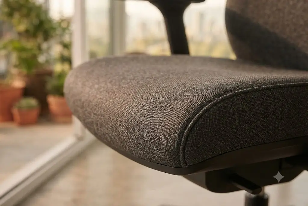 Close-up of Branch Ergonomic Chair Pro dense molded foam seat cushion showing fabric weave density and contoured waterfall front edge