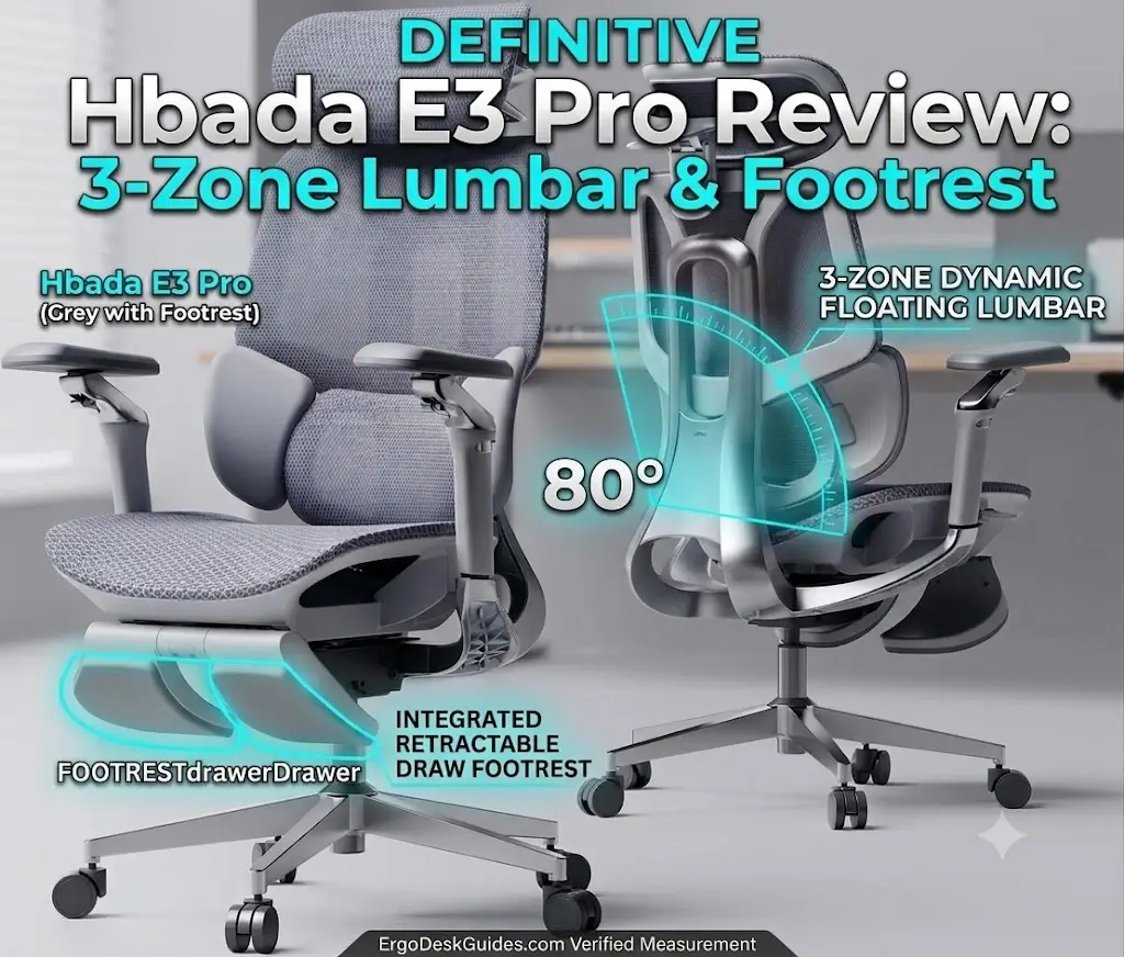 Close-up of the Hbada E3 Pro 3-Zone floating lumbar support wings swiveling 80 degrees