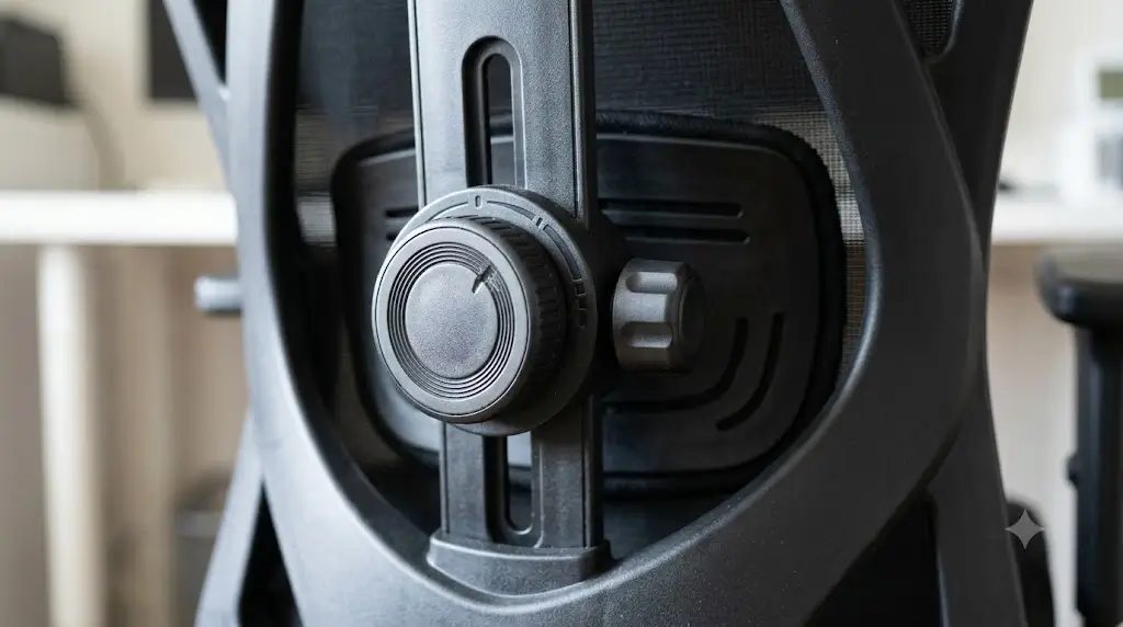 Close up photo of the Sihoo M57 rear lumbar adjustment wheel mechanism