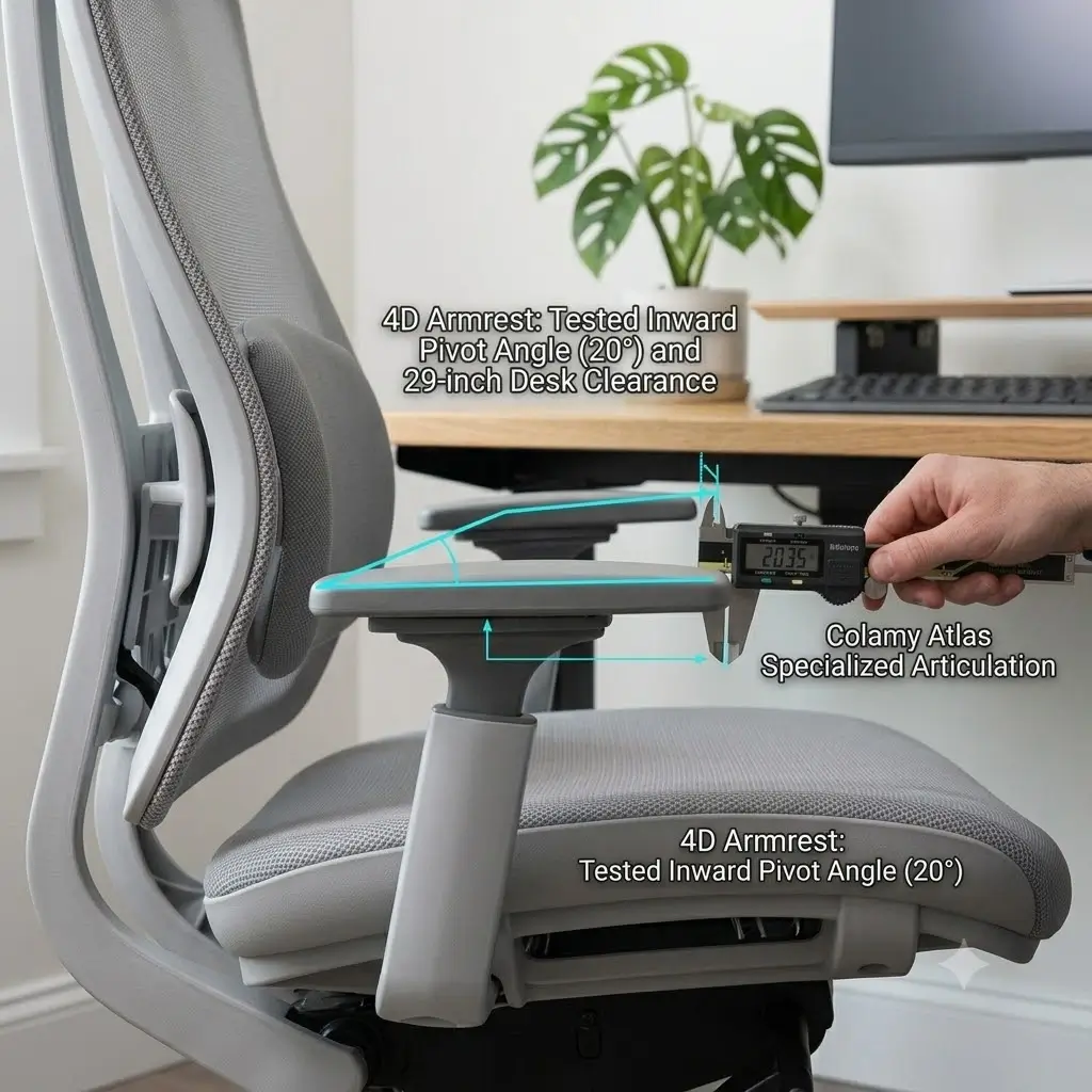 Colamy Atlas 4D armrests pivoting inward under a standard 29-inch standing desk surface