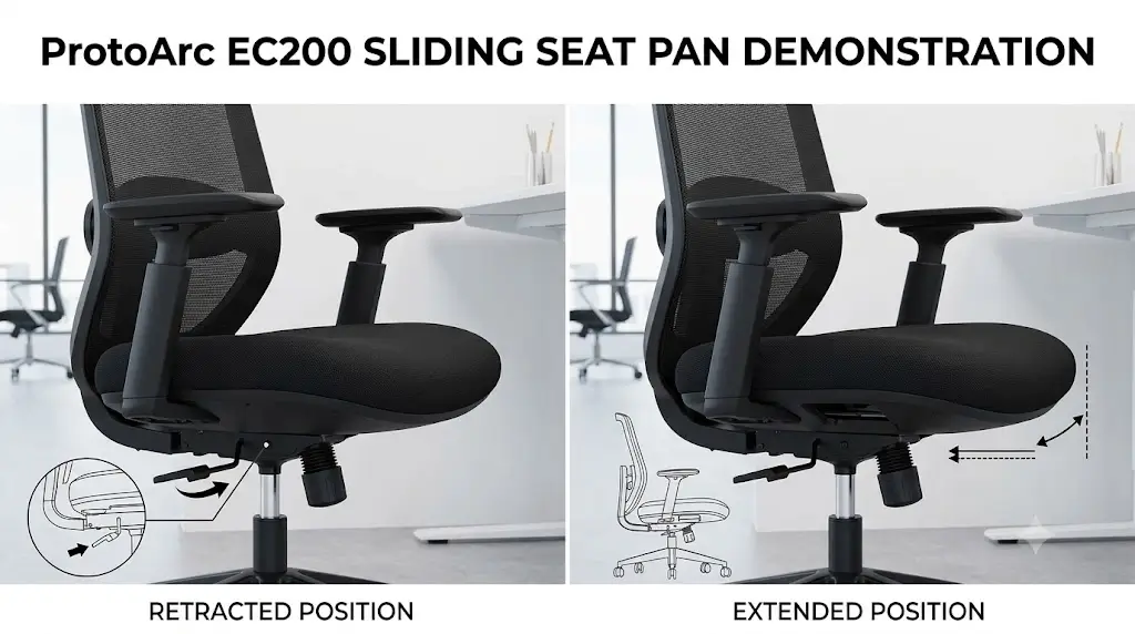 Demonstration of ProtoArc EC200 sliding seat pan mechanism in extended and retracted positions