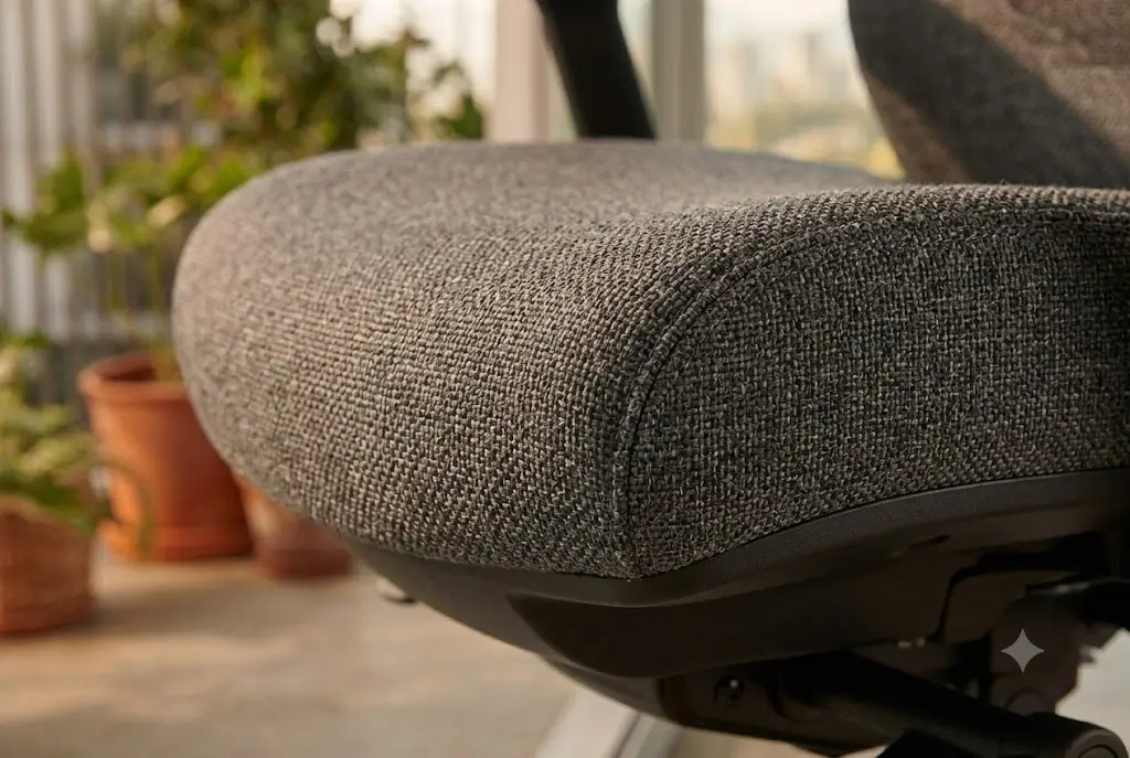 Detailed view of Branch Ergonomic Chair seat cushion fabric and front edge contour
