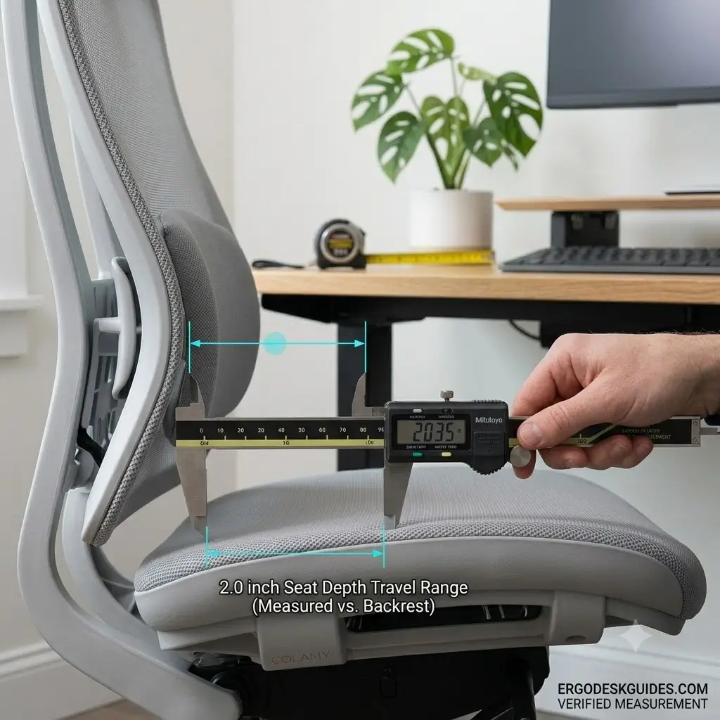 Digital caliper measuring the seat depth travel range on the Colamy Atlas Ergonomic Chair