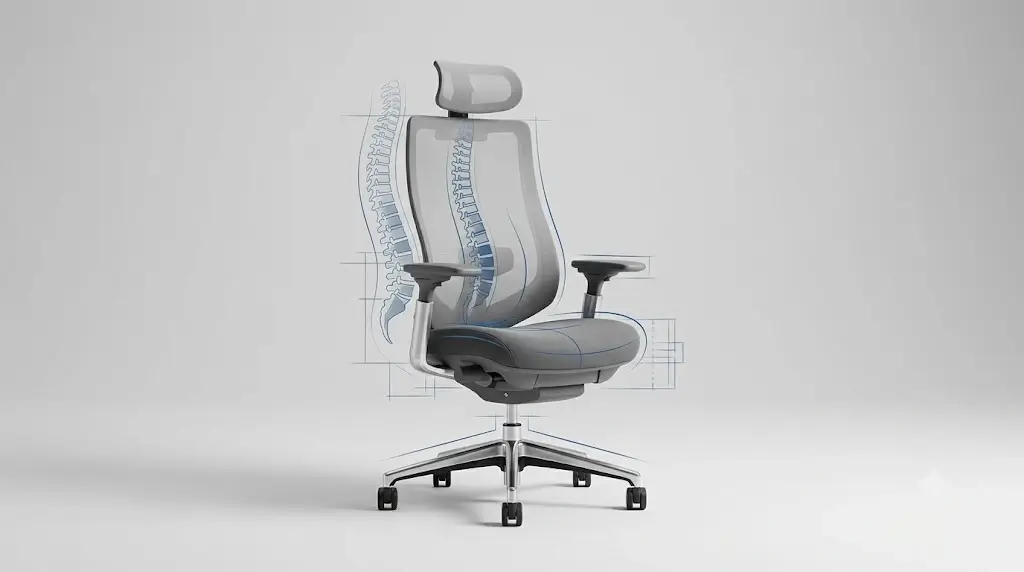 Ergonomic evaluation of the Colamy Atlas Chair showing side profile alignment and lumbar support engagement