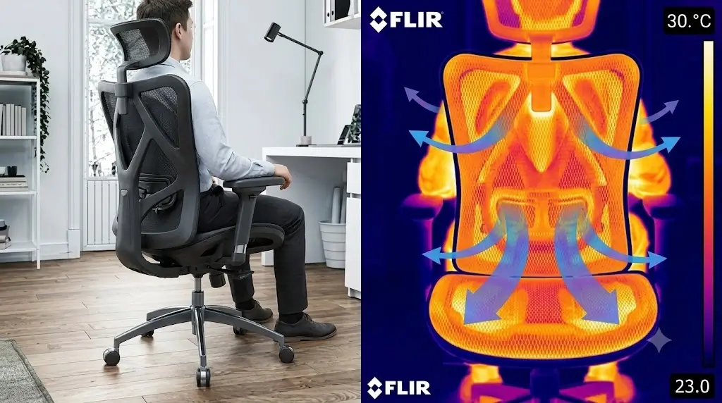 FLIR Thermal Imaging showing air circulation on Sihoo M57 full mesh seat pan