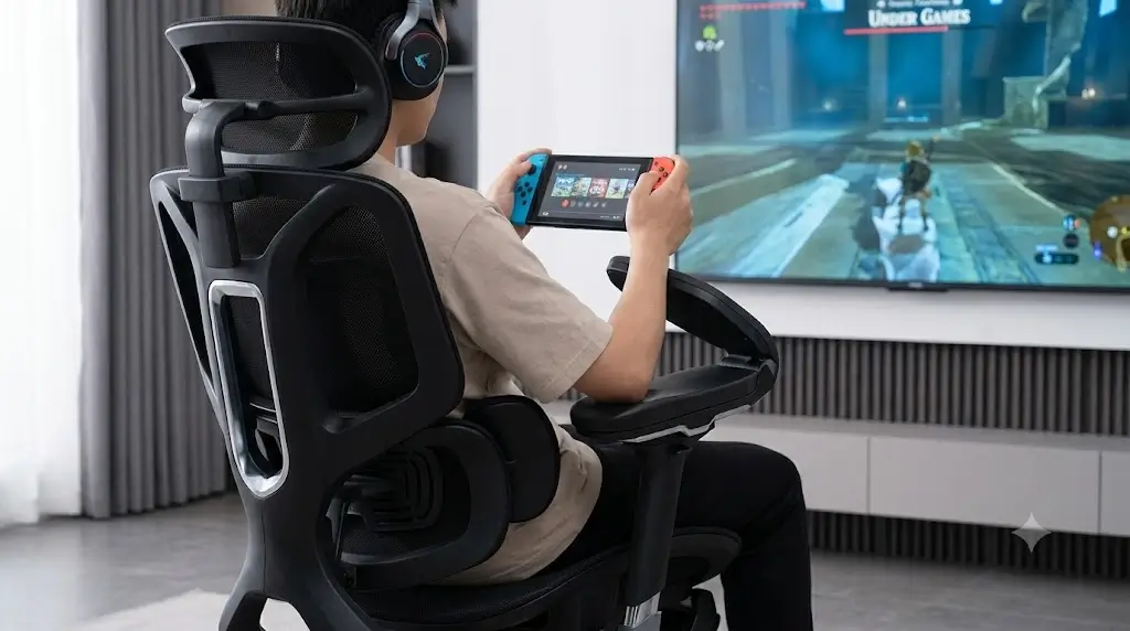 Hbada E3 Pro 720-degree omni-mechanical armrests pivoting inward for mobile gaming support