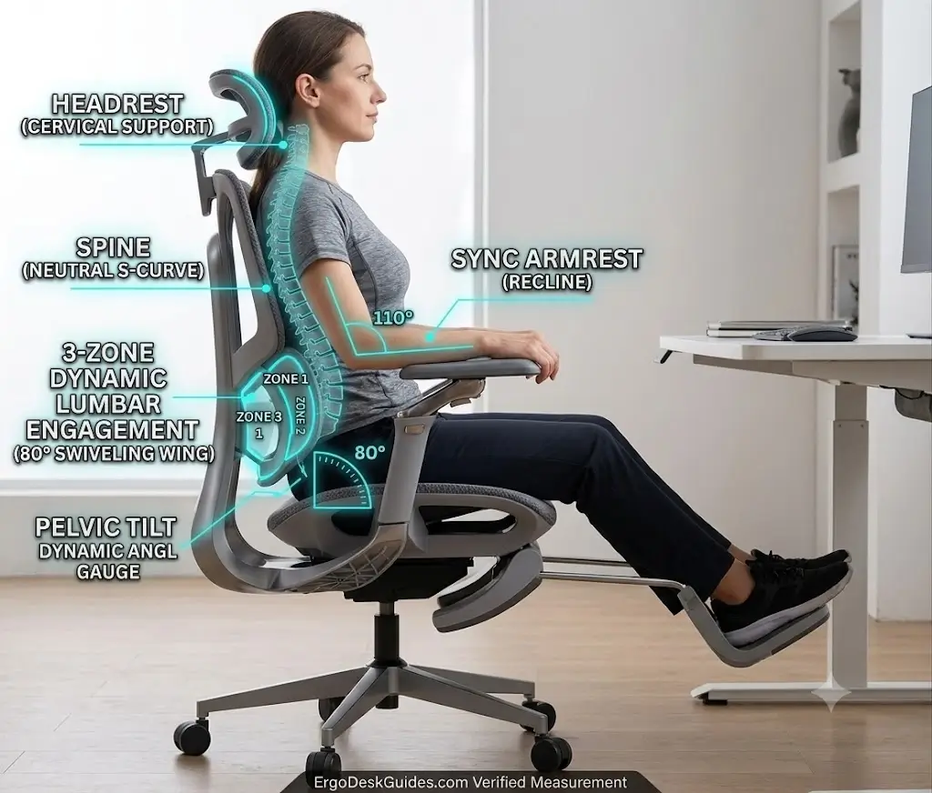 Hbada E3 Pro Ergonomic Chair showing side profile posture alignment and 3-zone lumbar engagement