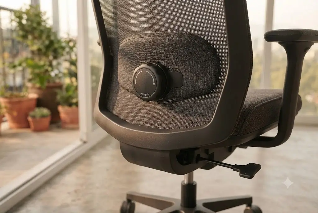 Rear view of Branch Ergonomic Chair Pro mesh backrest highlighting the 2-way padded lumbar adjustment dial and forward seat tilt lever