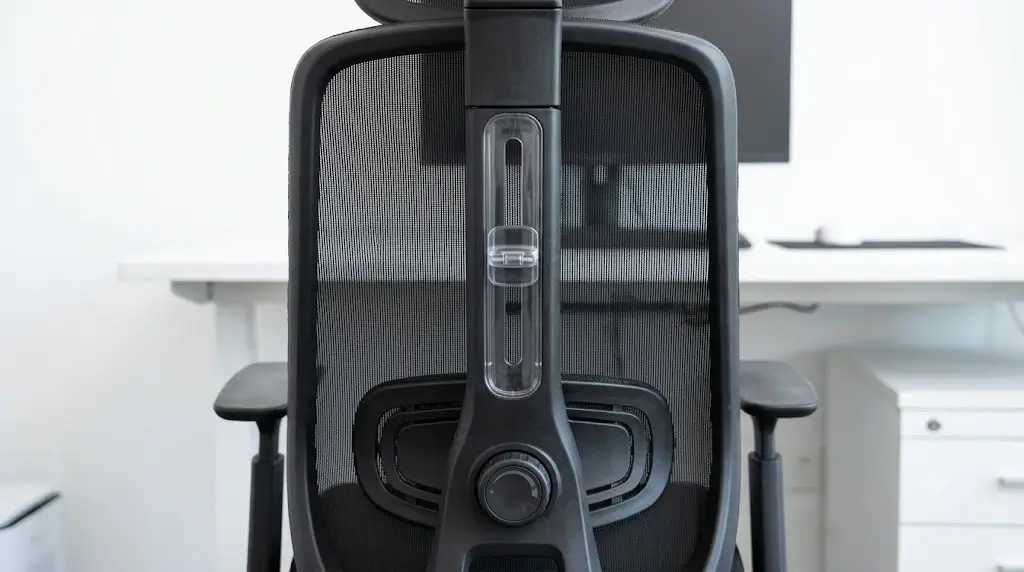 Rear view of ProtoArc EC200 backrest showing vertical slider and lumbar depth adjustment dial