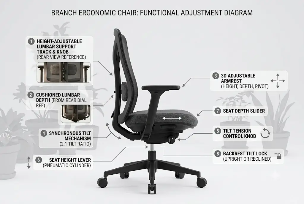 Side profile diagram highlighting Branch Ergonomic Chair adjustments