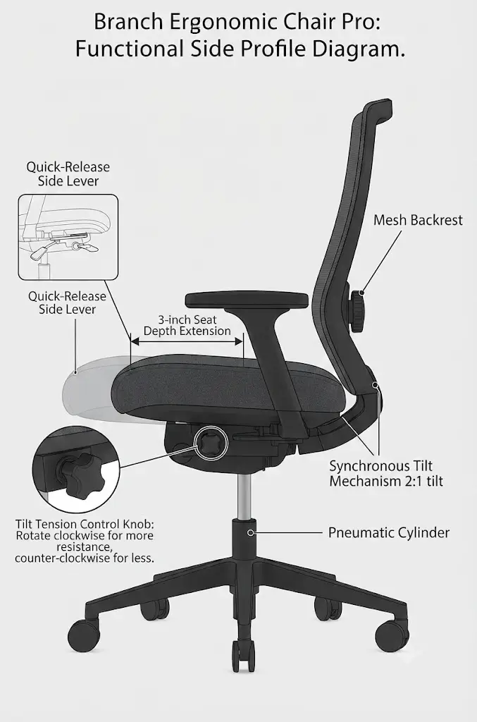 Side profile diagram of Branch Ergonomic Chair Pro showing 3-inch seat depth slider extension and tilt tension control knob