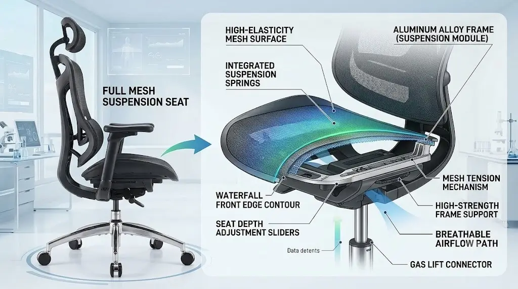 Sihoo Doro C300 Full Mesh Suspension Seat Cross Section