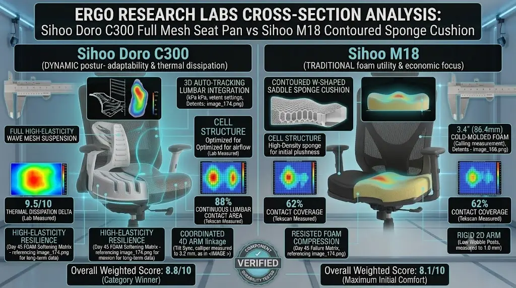 Sihoo Doro C300 Full Mesh Suspension Seat vs Sihoo M18 Contoured Sponge Cushion Cross Section