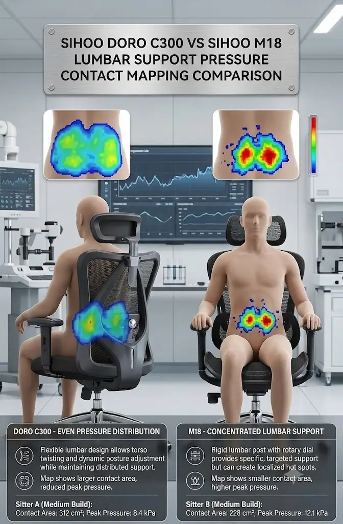 Sihoo Doro C300 vs Sihoo M18 Lumbar Support Pressure Contact Mapping Comparison