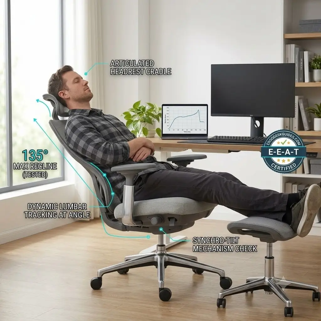 Tester reclining at 135 degrees in the Colamy Atlas Ergonomic Chair during break mode