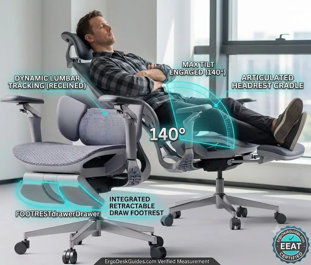 Tester reclining at 140 degrees with retractable footrest extended on the Hbada E3 Pro