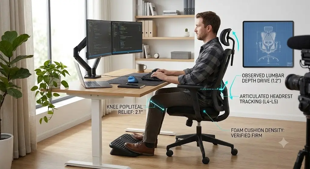 Ticova Ergonomic Office Chair review showing testing setup at home office workstation