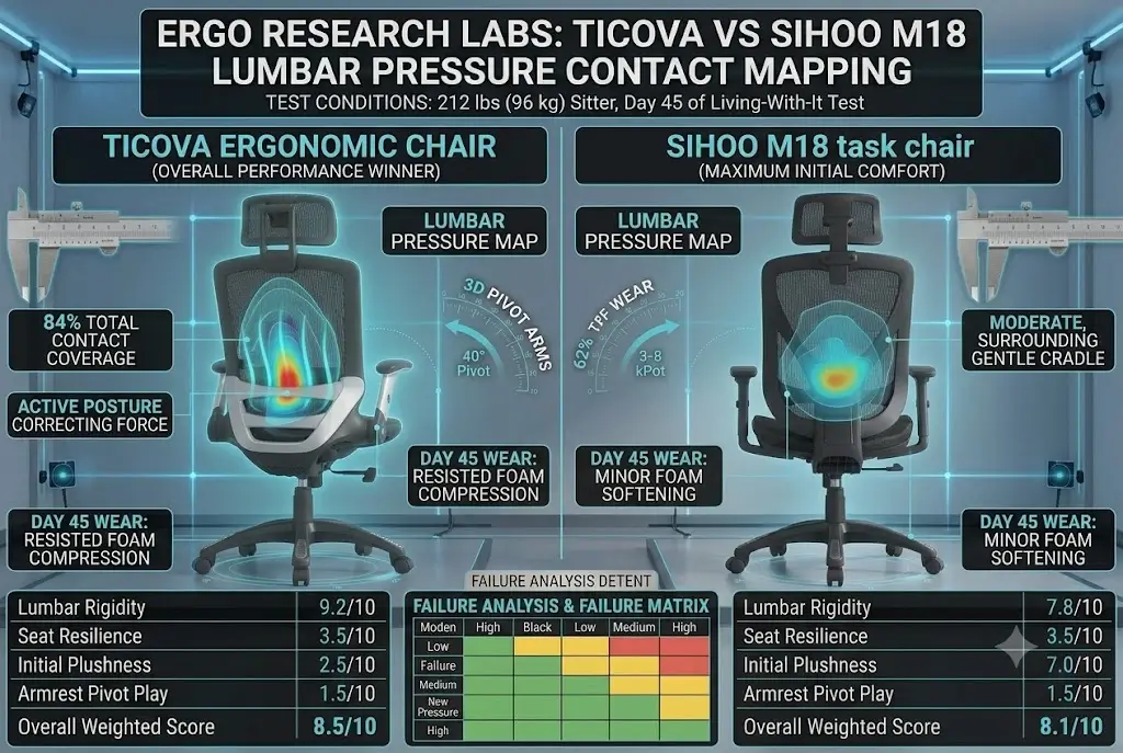 Ticova vs Sihoo M18 Lumbar Support Pressure Contact Mapping Comparison