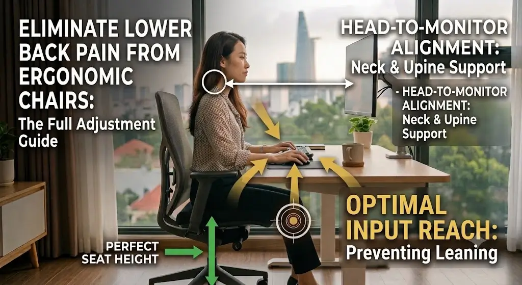 Proper keyboard and mouse reach preventing forward leaning and back pain