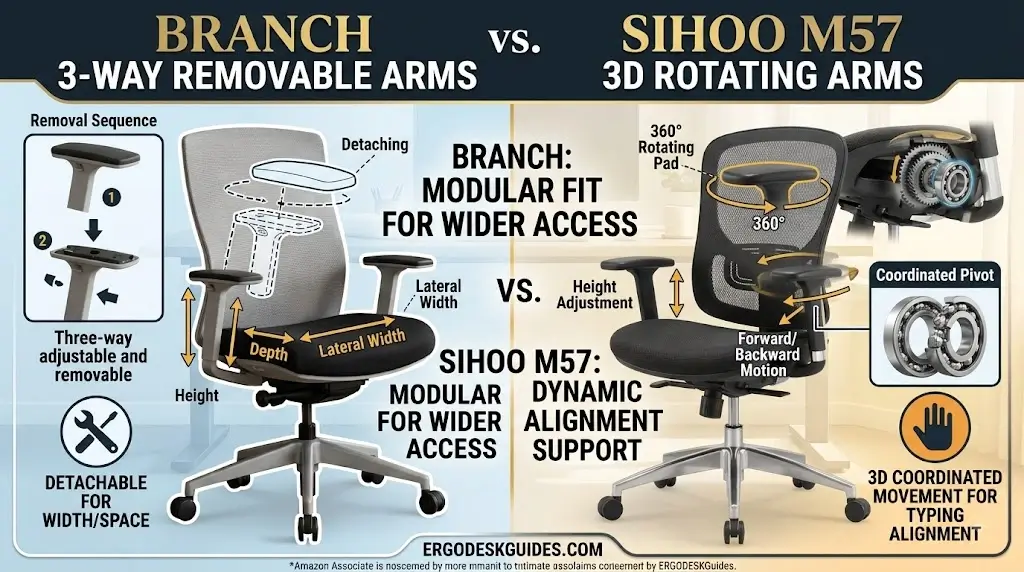 Branch 3-way removable armrests compared to Sihoo M57 3D rotating armrest mechanism