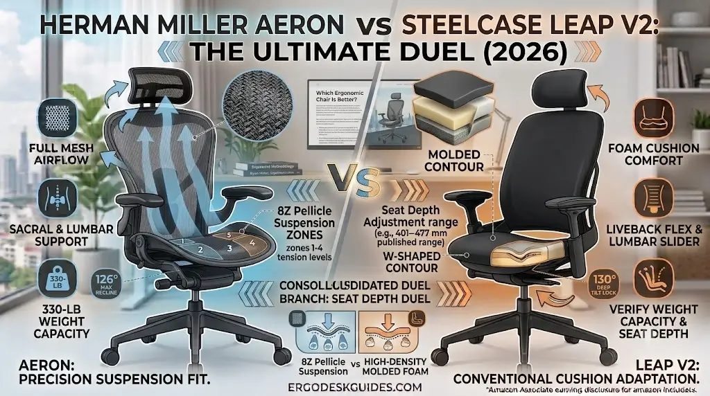 Herman Miller Aeron 8Z Pellicle suspension mesh seat compared to Steelcase Leap V2 upholstered padded cushion