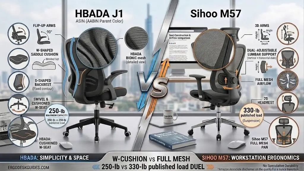 HBADA J1 contoured mesh backrest compared to Sihoo M57 dual-adjustable rotary lumbar support