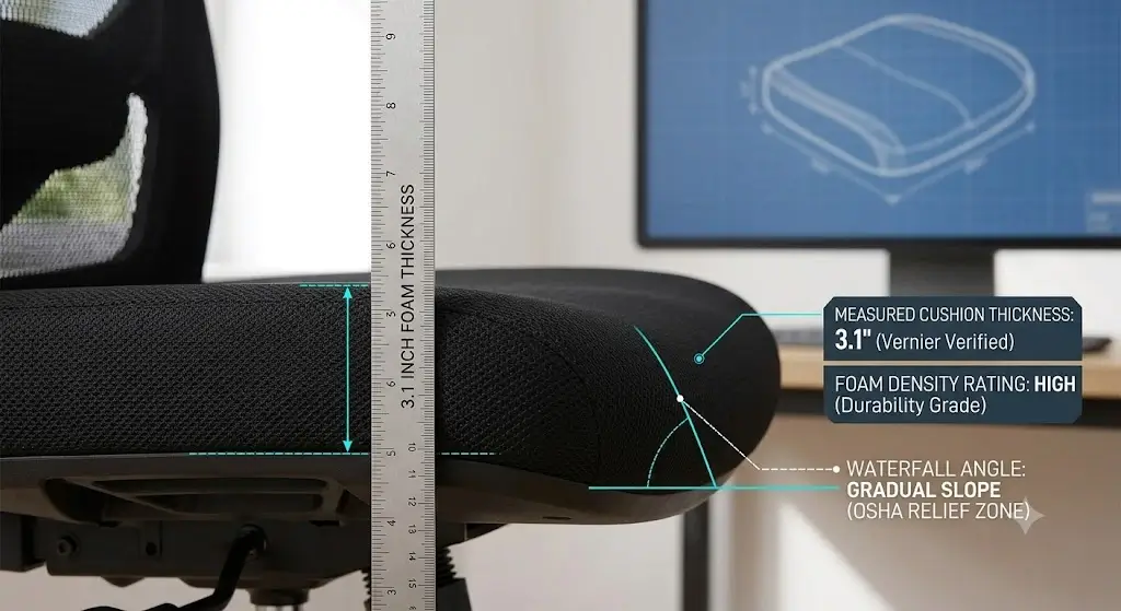 Ticova Ergonomic Office Chair review cushion thickness and foam density verified with ruler