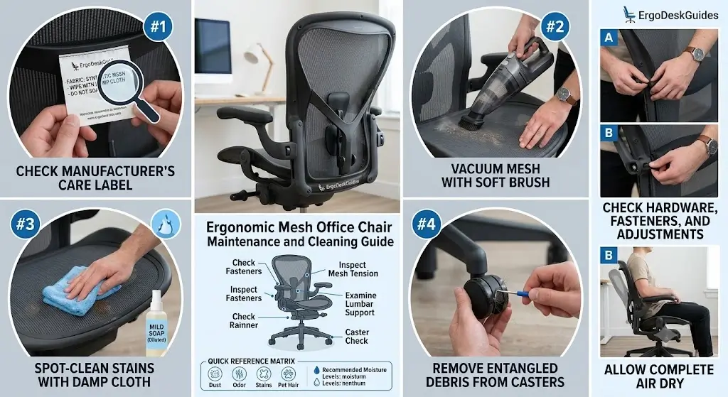 Ergonomic mesh office chair maintenance and cleaning guide demonstration