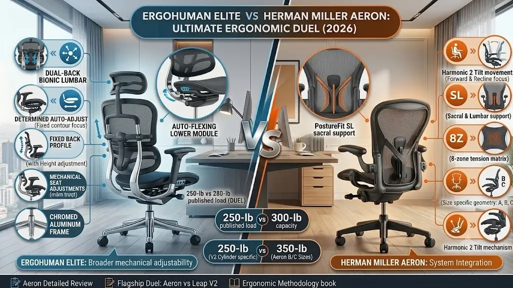 Ergohuman Elite dynamic auto-adjusting lumbar support compared to Herman Miller Aeron PostureFit SL sacral support